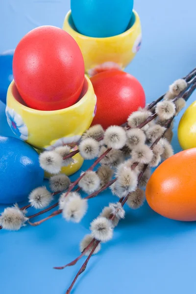 Velikonoční vajíčka a větvičky vrby — Stock fotografie
