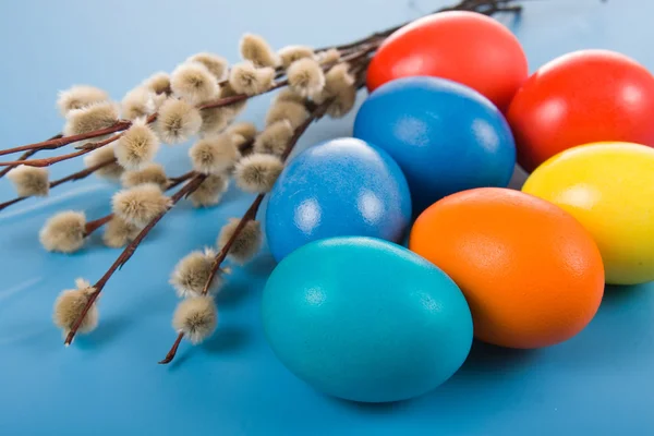 Velikonoční vajíčka a větvičky vrby — Stock fotografie