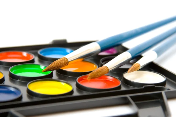 Water color paints with brushes — Stock Photo, Image