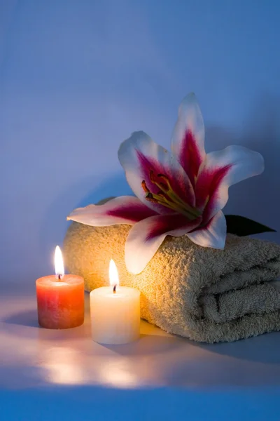 Håndkle, lys og blomst – stockfoto