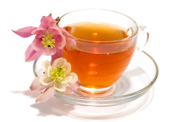 Xícara de chá transparente com chá e flores — Fotografia de Stock