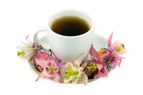 Λευκό φλυτζάνι τσαγιού με τσάι και λουλούδια — Φωτογραφία Αρχείου