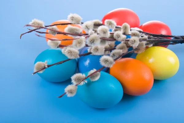 Easter eggs and sprigs of willow — Stock Photo, Image