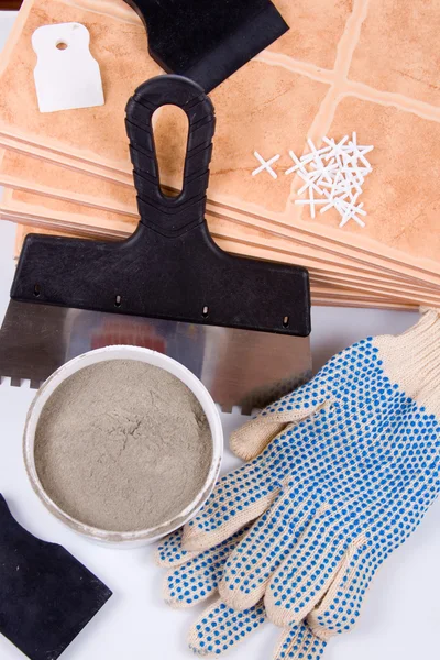 stock image Ceramic tiles and trowel for repairs