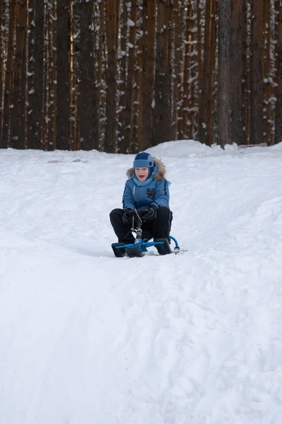 stock image Cheerful boy walks in winter park