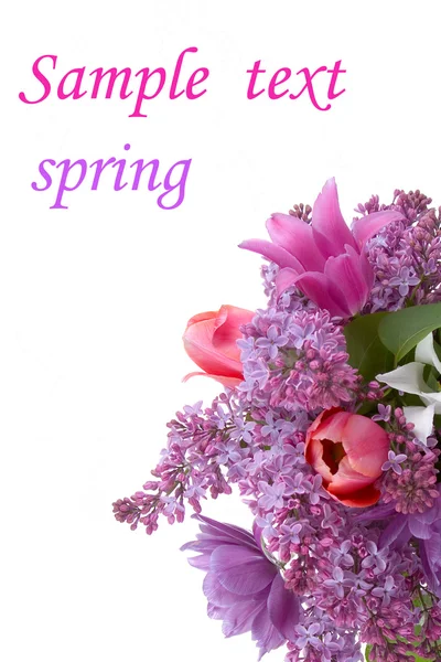 Beautiful spring bouquet with lilacs and tulips — Stock Photo, Image