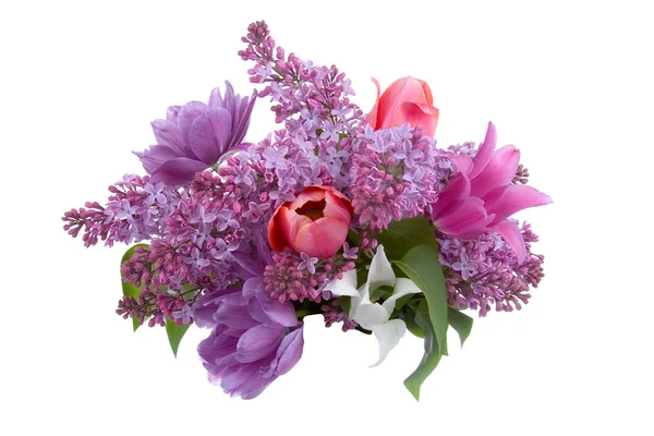 Beautiful spring bouquet with lilacs and tulips — Stock Photo, Image