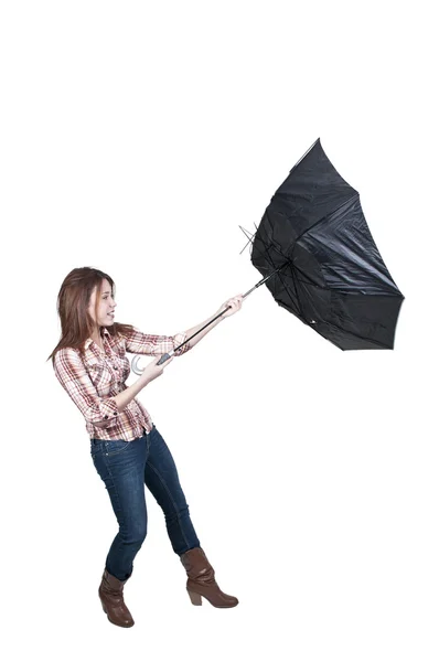 Kvinna anläggning paraply — Stockfoto
