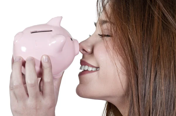 Mulher segurando Piggy Bank — Fotografia de Stock