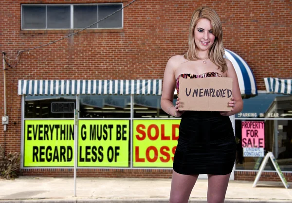 Woman Holding an Unemployment Sign — Stock Photo, Image
