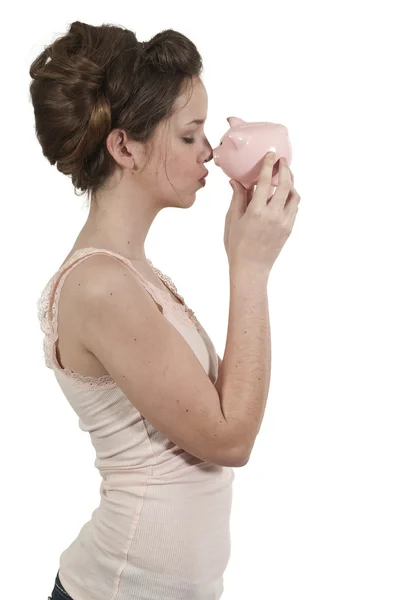 stock image Woman holding piggy bank