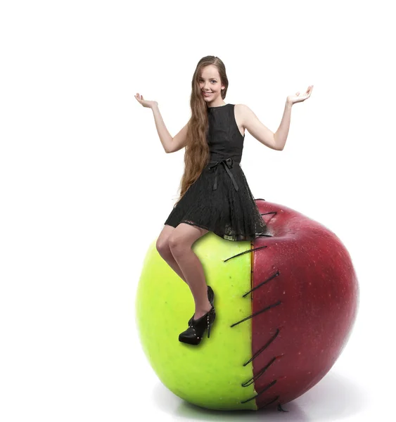 Teenage Woman On Sweet and Sour Apple — Stock Photo, Image