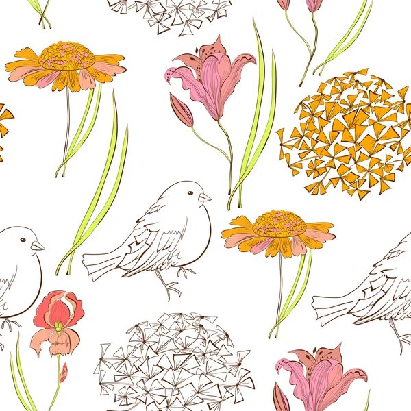 Бесшовные обои с птицей и цветами — стоковый вектор