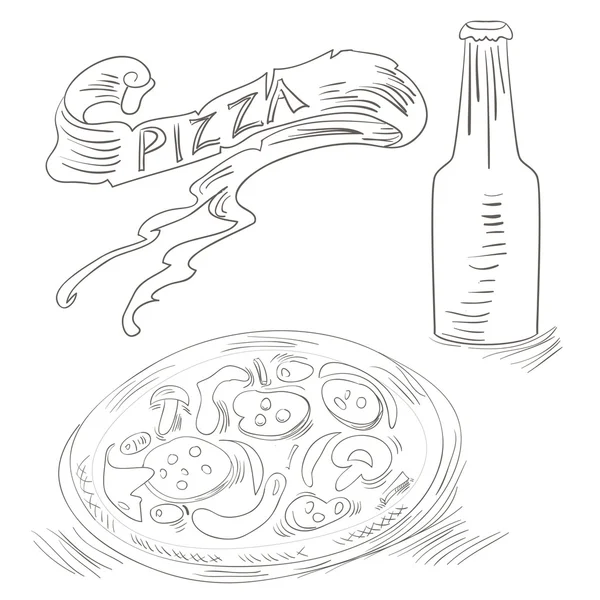 피자와 음료수 병 스케치 — 스톡 벡터