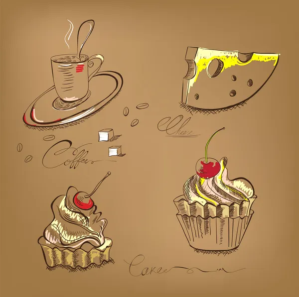 Een kopje koffie cupcake en kaas — Stockvector
