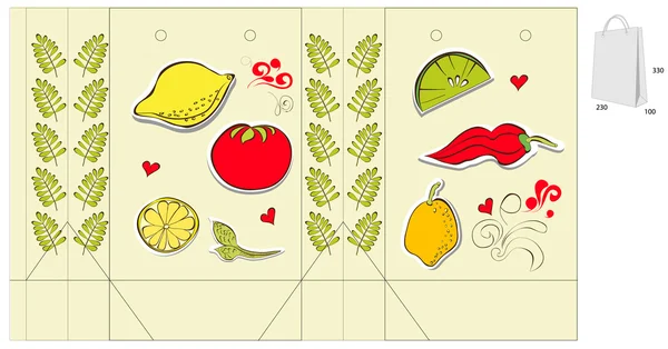 Sac décoratif avec légumes et fruits — Image vectorielle