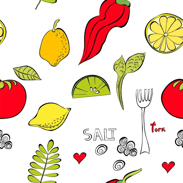 无缝壁纸，用水果和蔬菜 — 图库矢量图片