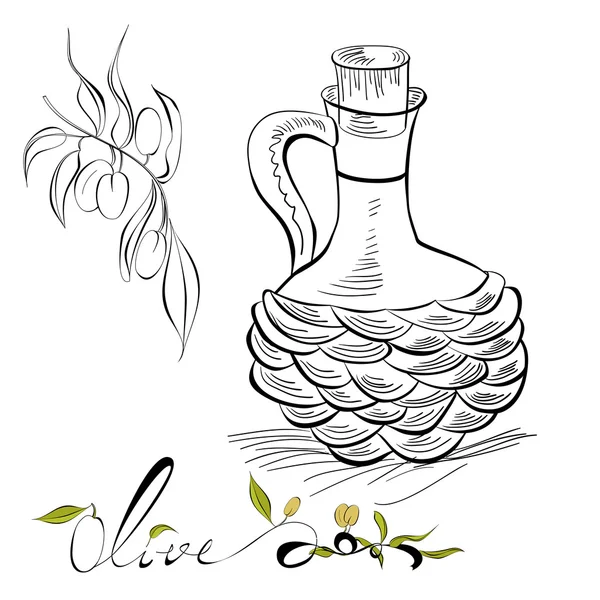 Oliven und Krug mit Olivenöl — Stockvektor