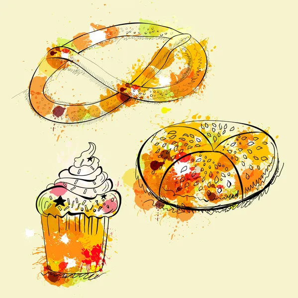 Carta con dolci e pretzel — Vettoriale Stock