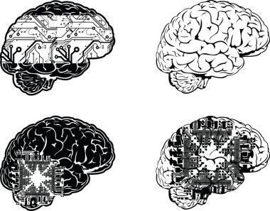 dört bir dizi tek renk elektronik beyin yan görünüm.
