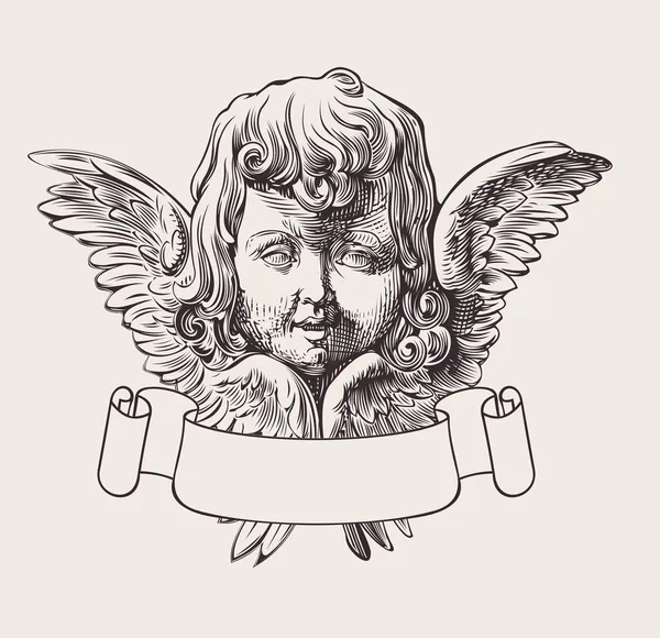 天使头和横幅雕刻矢量 — 图库矢量图片