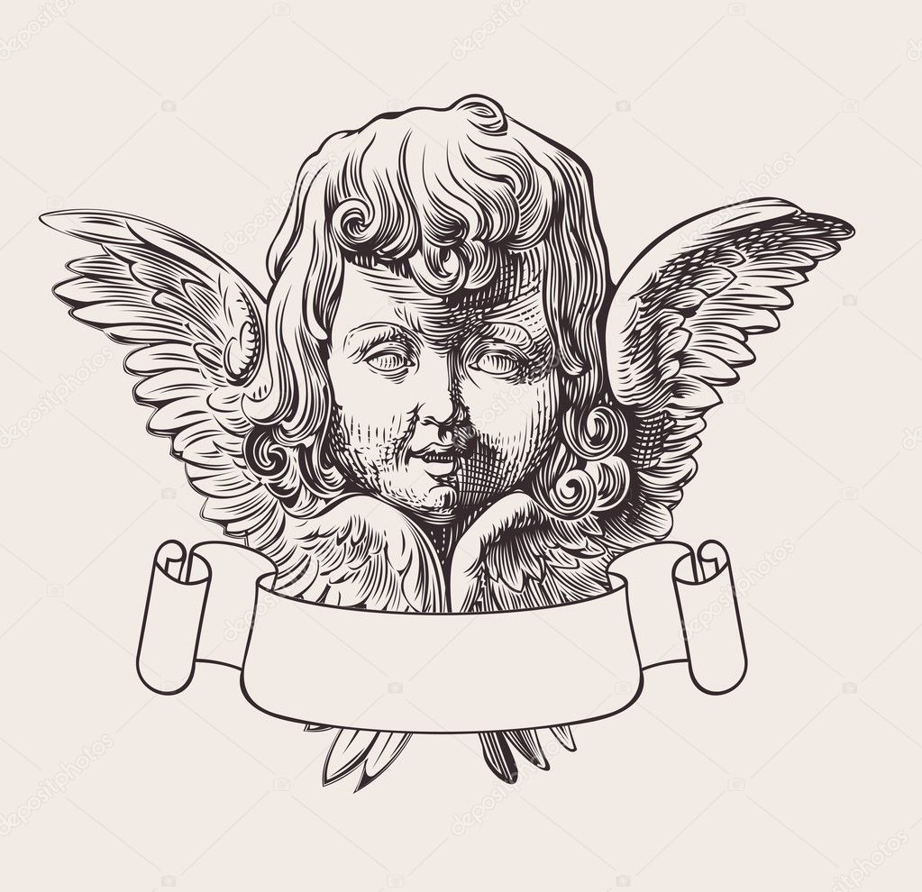 Angel Head And Banner Engrave Vector