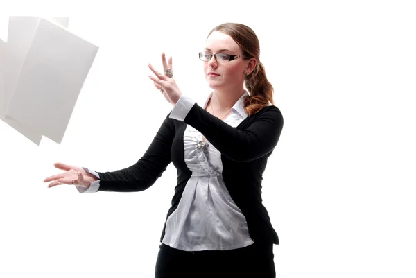 Office Girl With Flying Papers — Stock Photo, Image