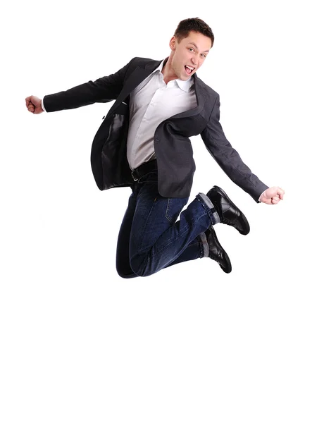 Повна тривалість ділового чоловіка стрибає в радості — стокове фото
