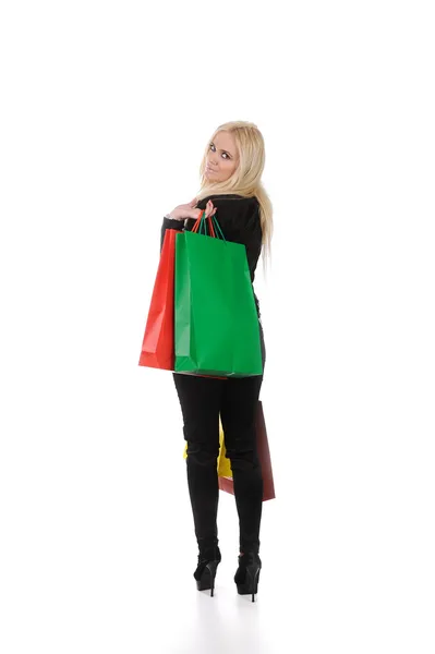 Menina loira bonita com sacos de compras — Fotografia de Stock