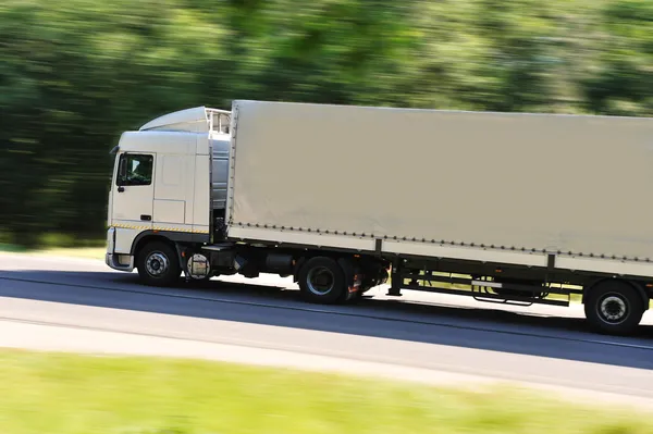 Camion in rapido movimento con contenitore bianco sull'autostrada — Foto Stock