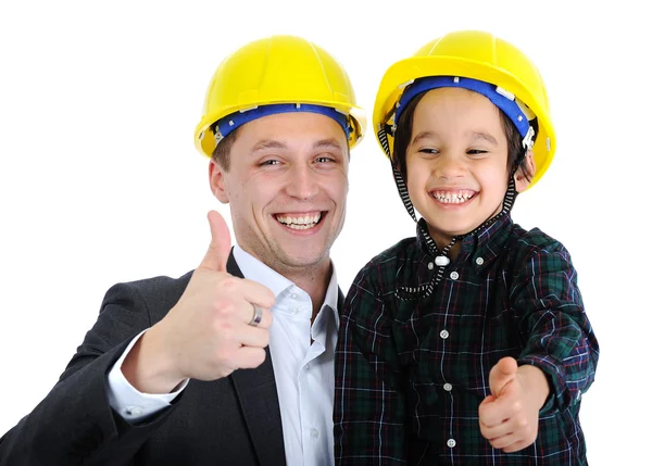 Pai e filho como trabalhadores com polegar para cima — Fotografia de Stock