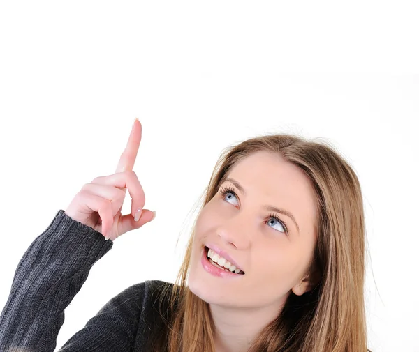 Imagen de cerca de una joven atractiva con el dedo en alto — Foto de Stock