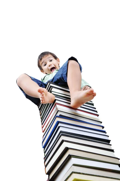 Bonito menino sentado em um monte de livros didáticos — Fotografia de Stock