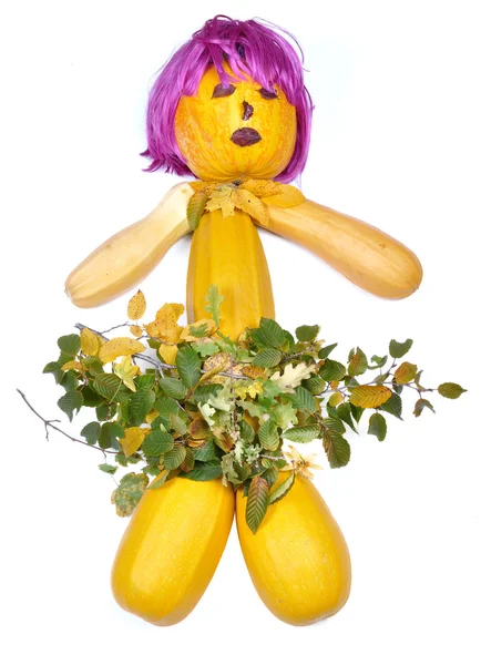 Doll made of pumpkins periwig and leaves — Stock Photo, Image