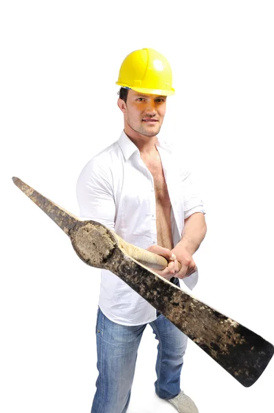 Stavební dělník s krumpáčem — Stock fotografie