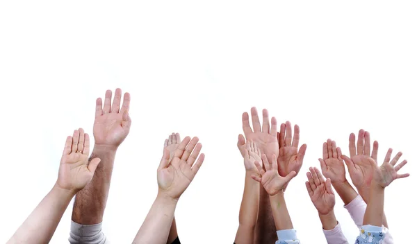 Handen armen omhoog op wit copy ruimte — Stockfoto