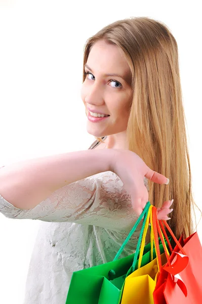 Closeup image of a teen girl holding shopping bags Stock Picture
