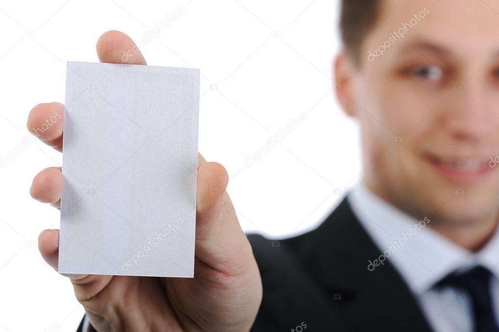 Businessman holding vertical business card