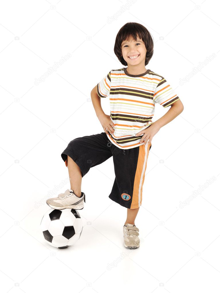 Little boy playing football isolated on white background