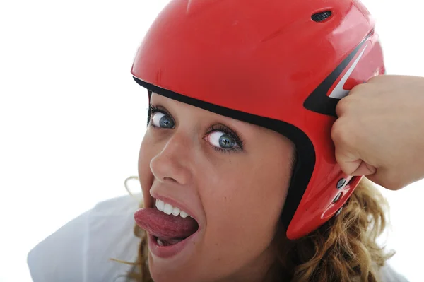 Chica divertida con casco rojo —  Fotos de Stock