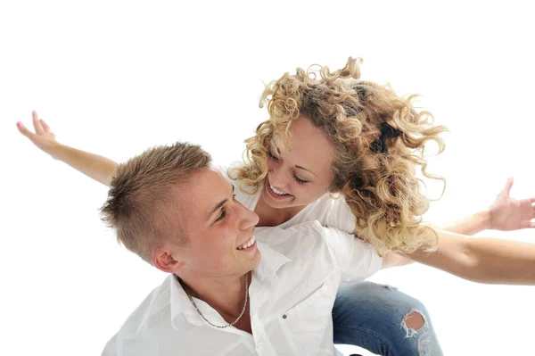Portret van een romantische jonge paar lachend samen — Stockfoto