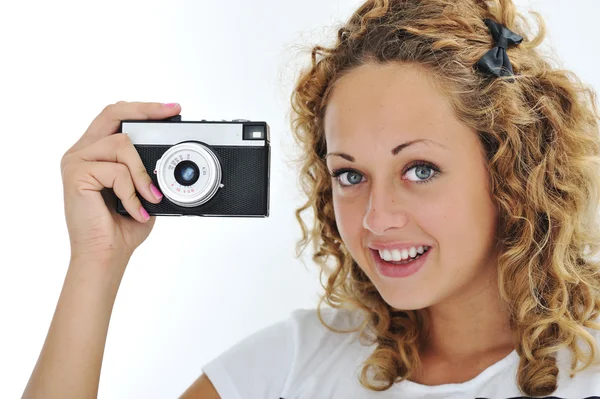 Słodkie dziewczyny z kamery na białym tle — Zdjęcie stockowe