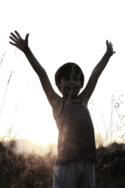 Ευτυχισμένο παιδί απολαμβάνοντας στη φύση στο ηλιοβασίλεμα — Φωτογραφία Αρχείου