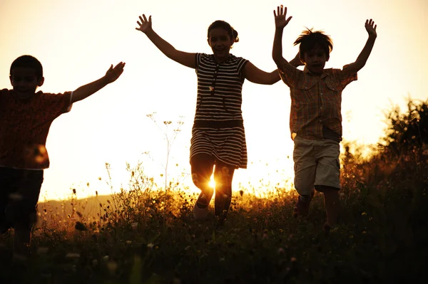 Ευτυχισμένα παιδιά στη φύση στο ηλιοβασίλεμα — Φωτογραφία Αρχείου
