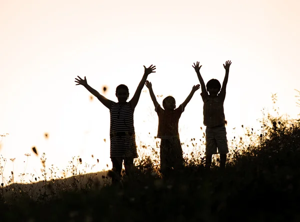 Szczęśliwe dzieci w przyrodzie na zachodzie słońca — Zdjęcie stockowe