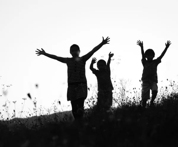 Щасливі діти в природі на заході сонця — стокове фото