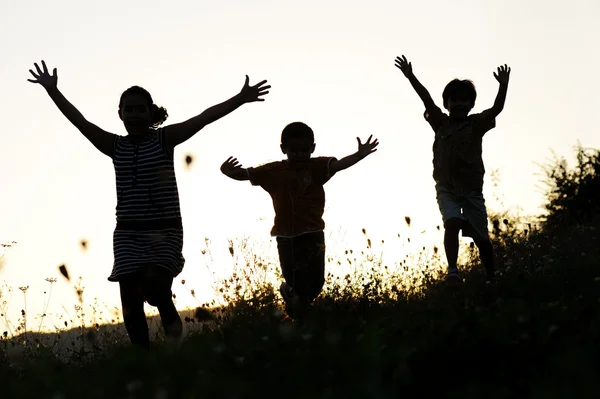 Crianças felizes na natureza ao pôr do sol — Fotografia de Stock
