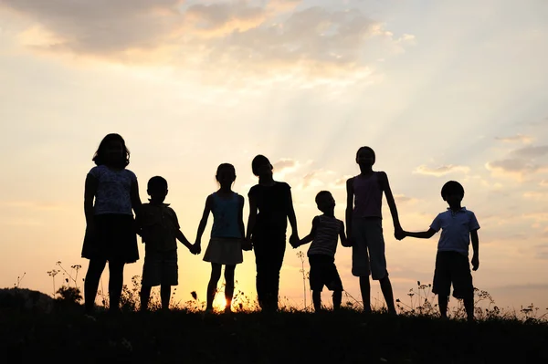 Skupina šťastných dětí hraje na louce, západ slunce, léto — Stock fotografie