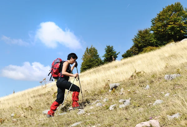 Walking uphill woman trekking and hiking mountaineering — Stock Photo, Image