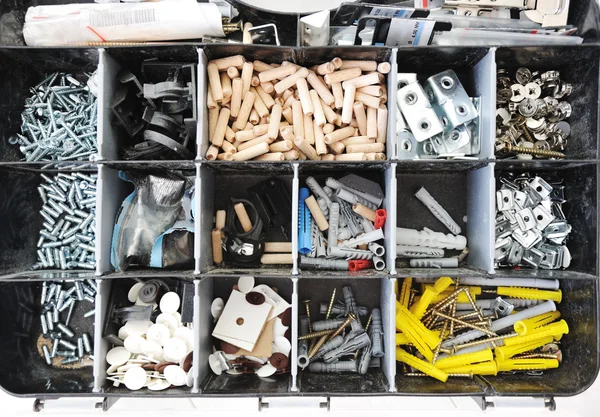 Werkzeugkiste mit angeordneten Schrauben Stockbild